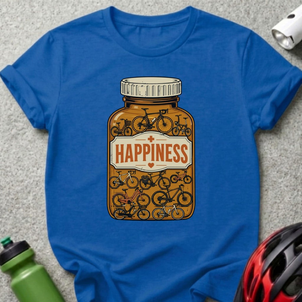 Royal blue t-shirt featuring a pill bottle illustration filled with bicycles.