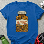 Royal blue t-shirt featuring a pill bottle illustration filled with bicycles.
