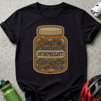 Black t-shirt with bottle of bicycles labeled "ANTIDEPRESSANTS".