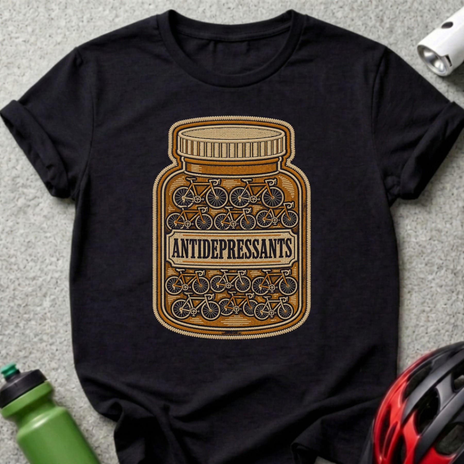 Black t-shirt with bottle of bicycles labeled "ANTIDEPRESSANTS".