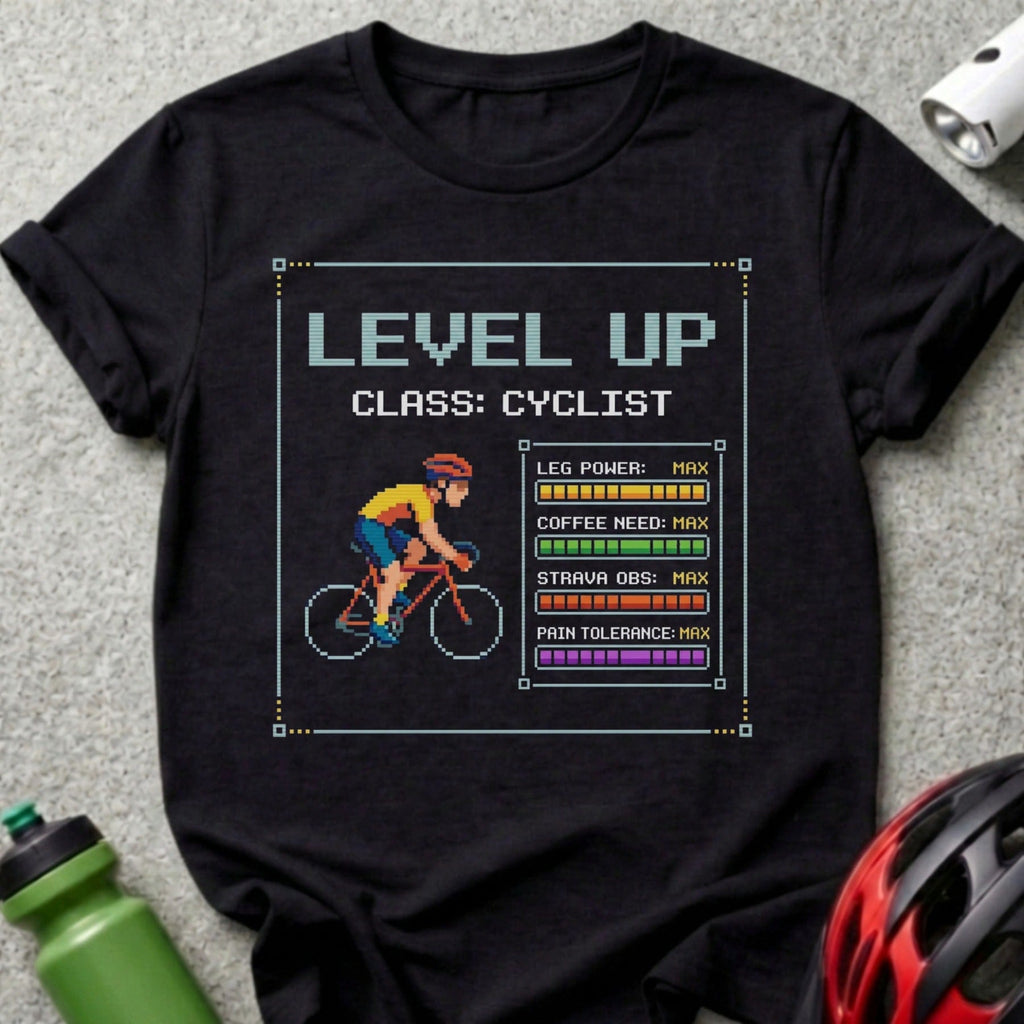 Black t-shirt with "Level Up: Cyclist" text and video game style stats.