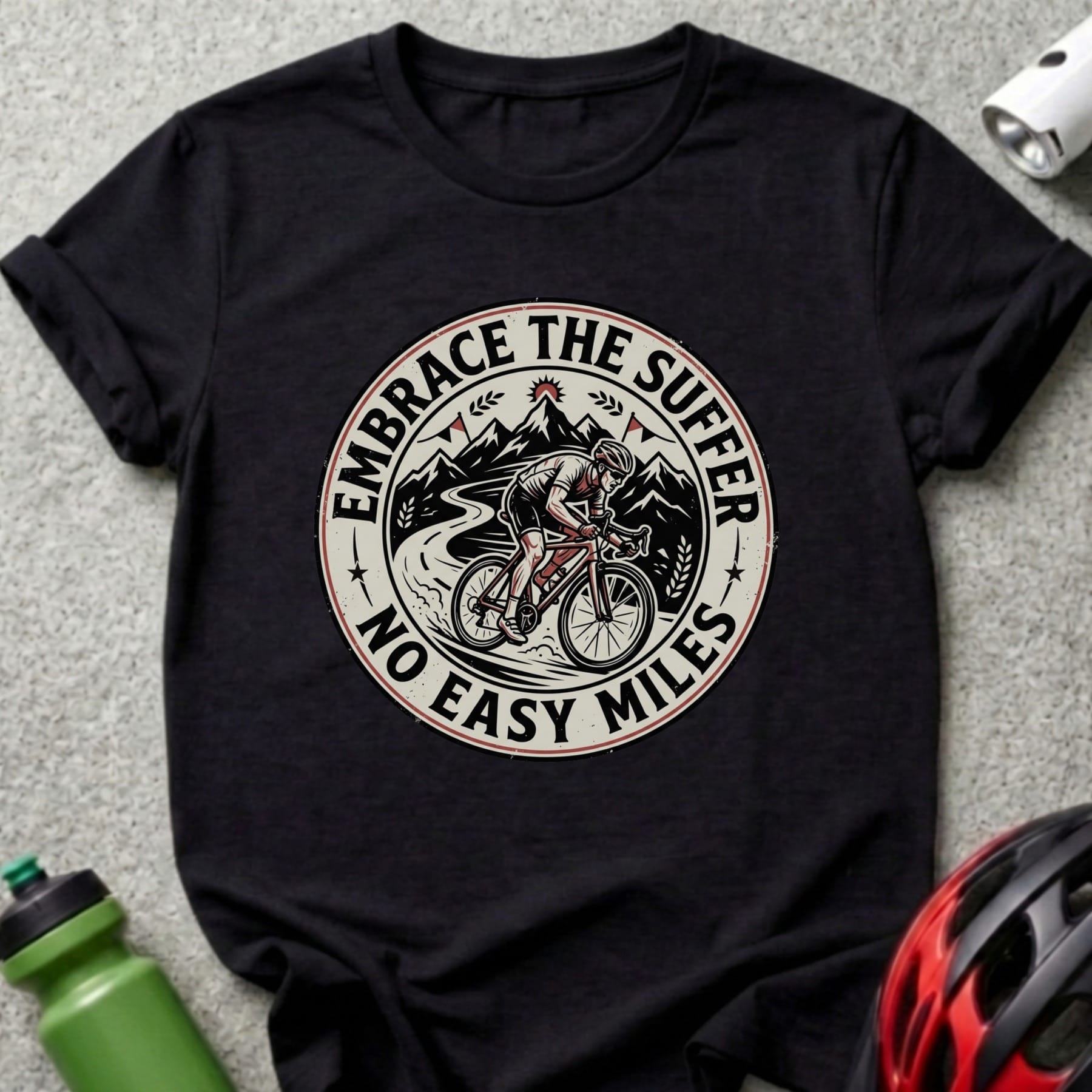 Circular graphic on a black t-shirt with text "EMBRACE THE SUFFER NO EASY MILES" and cyclist.