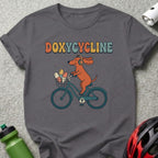 Dachshund wearing headphones rides bicycle with pill bottles and headphones.