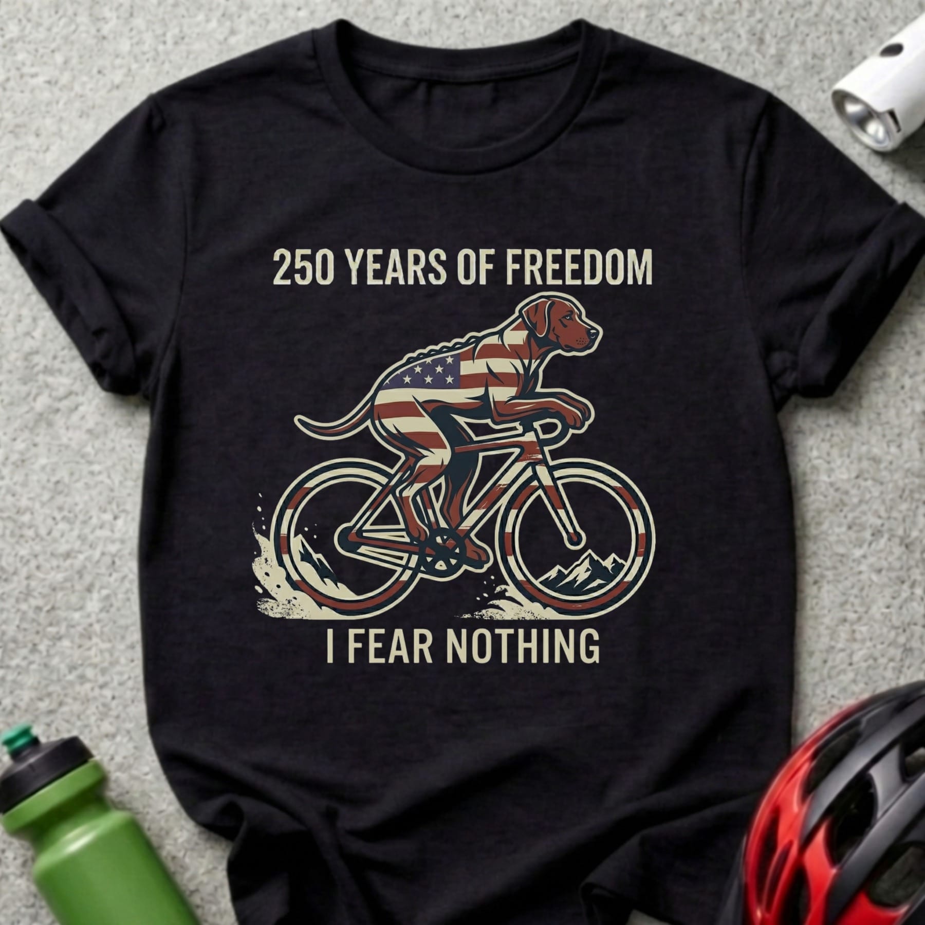 Dog wearing an American flag bandana rides a bicycle with patriotic text.