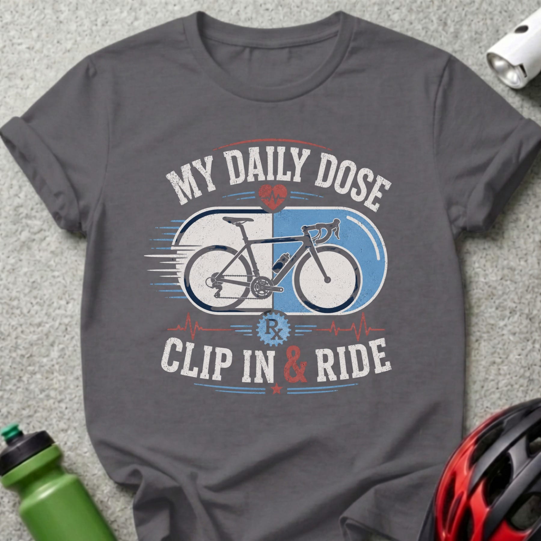 Graphic tee with bicycle, pill capsule, and "My Daily Dose Clip In & Ride" text.