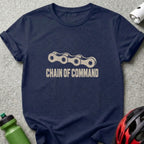 Navy blue t-shirt featuring a bicycle chain graphic and the text Chain of Command.