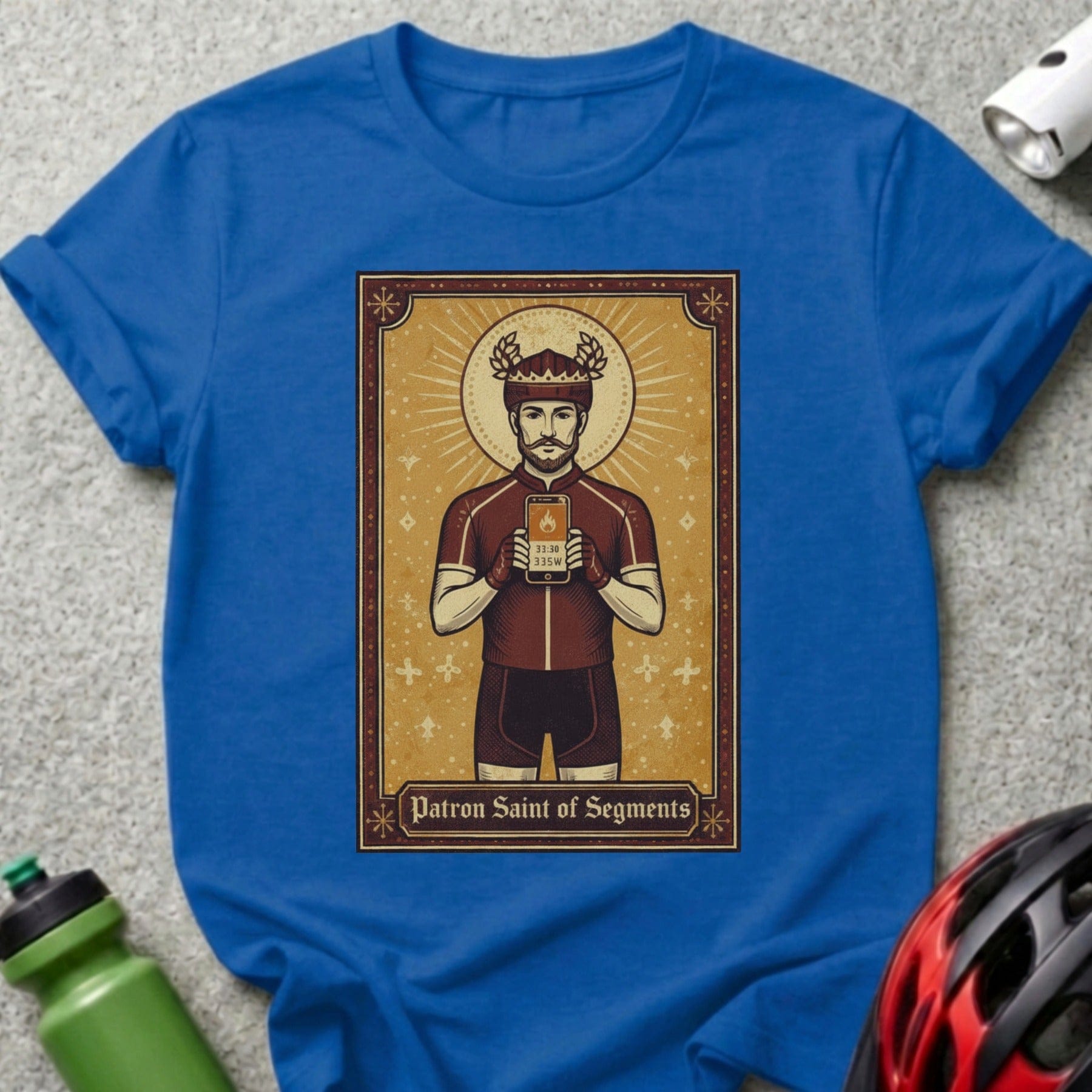 Saint of Segments t-shirt design with cyclist holding phone and heart.