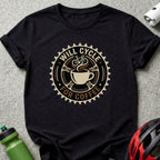 Black t-shirt with "Will Cycle For Coffee" text and bicycle gear design.