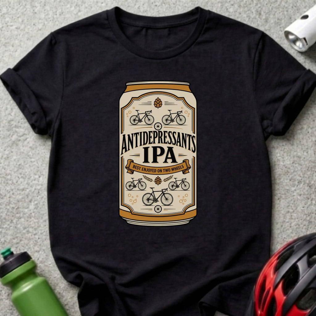 Black t-shirt with "Antidepressants IPA" beer can graphic.