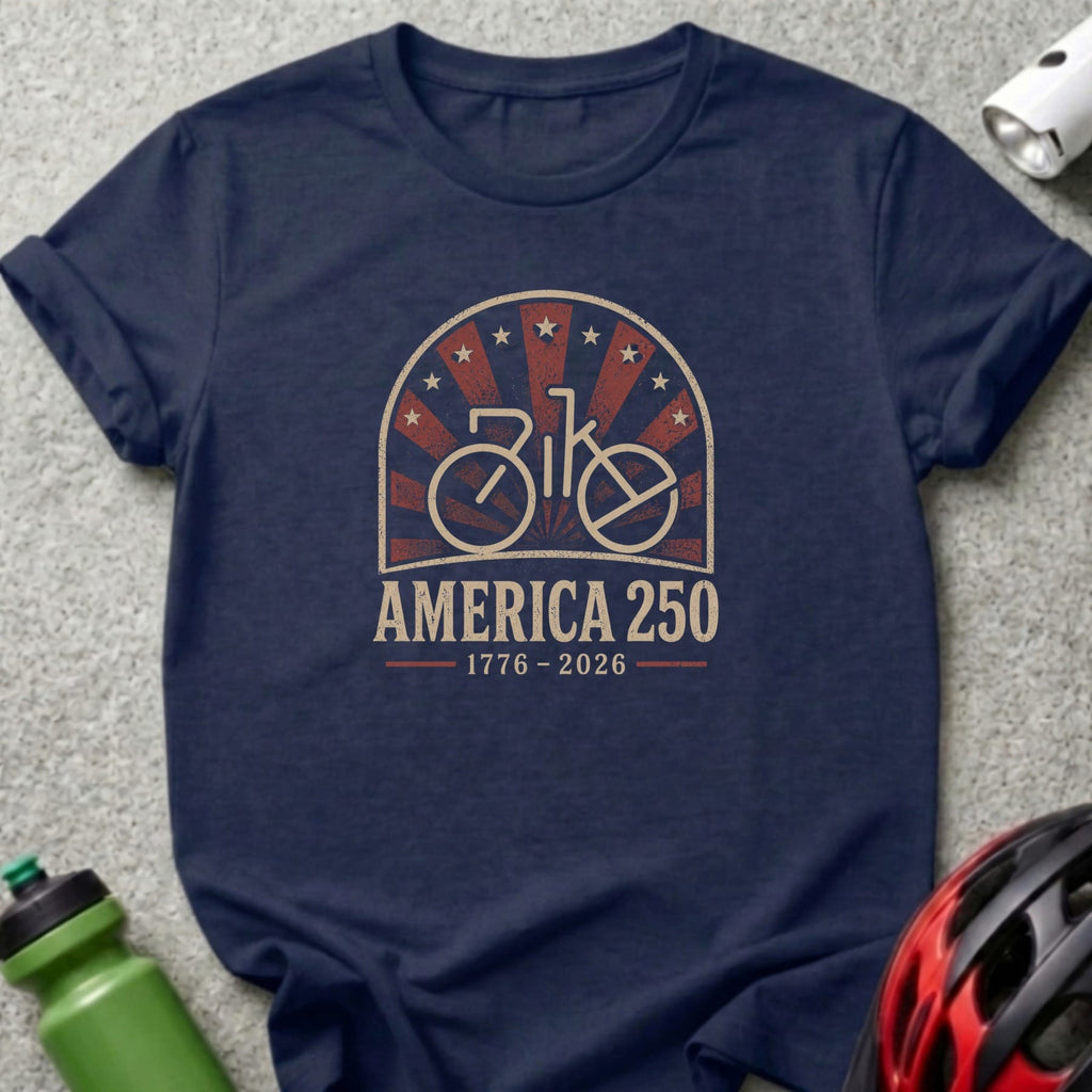Navy t-shirt with "AMERICA 250 1776-2026" and a bicycle logo.