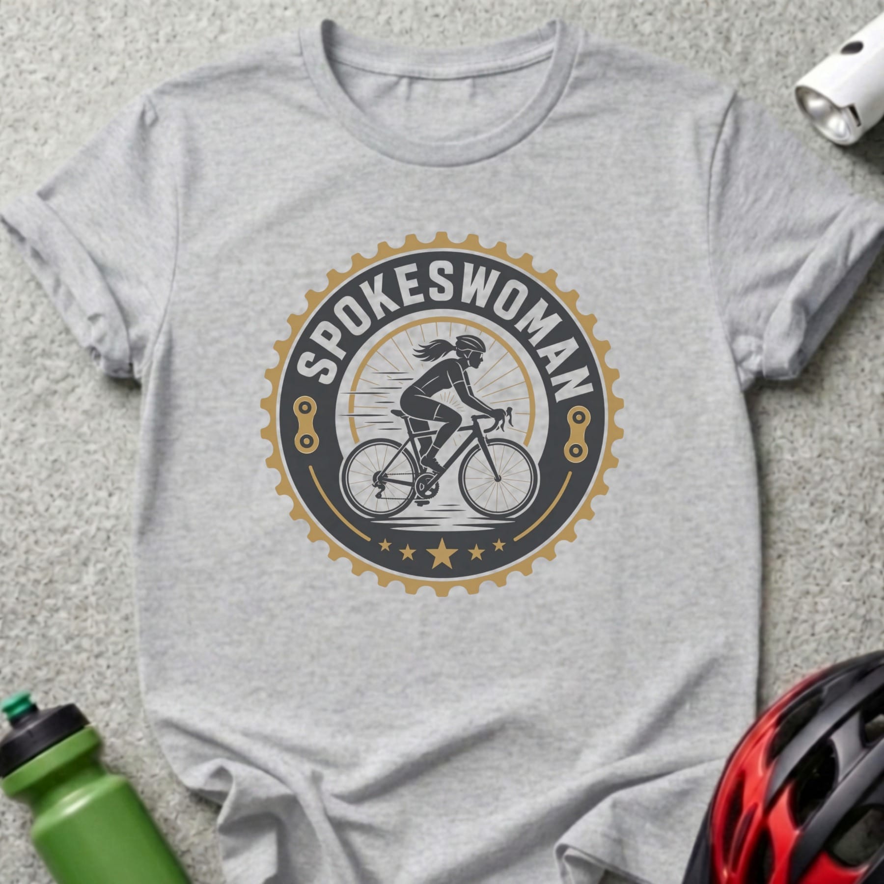 Spokeswoman logo with cyclist on bicycle within gear and stars.