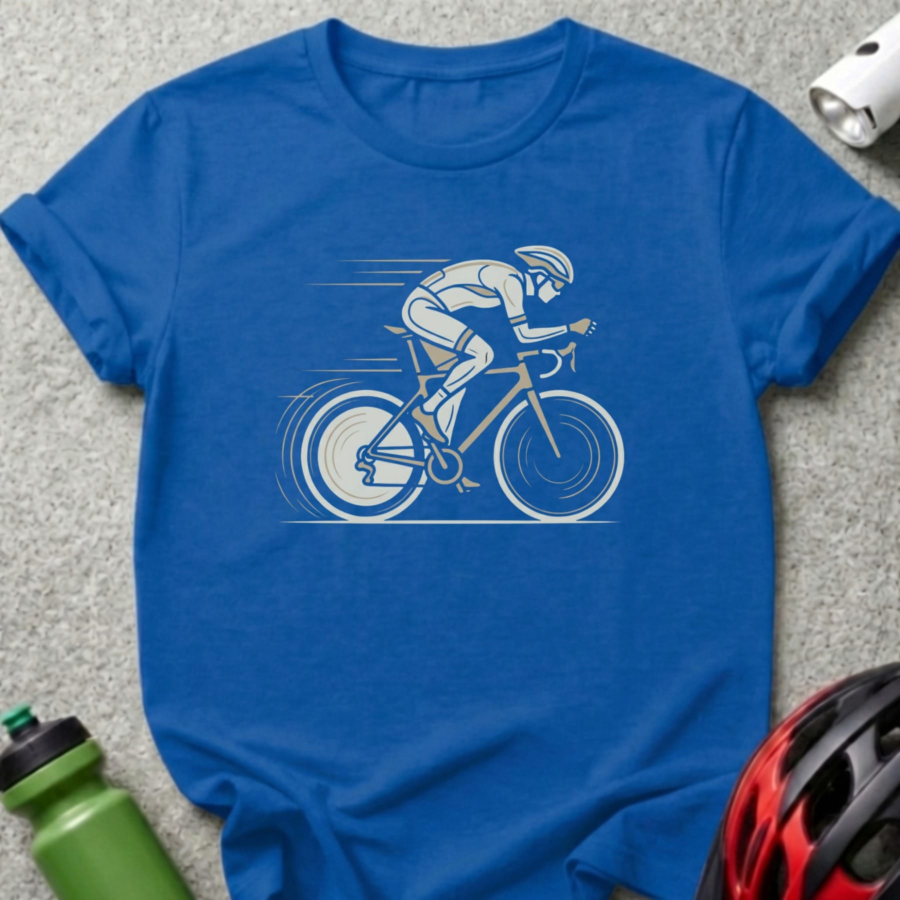 Blue t-shirt with graphic of a cyclist in motion.