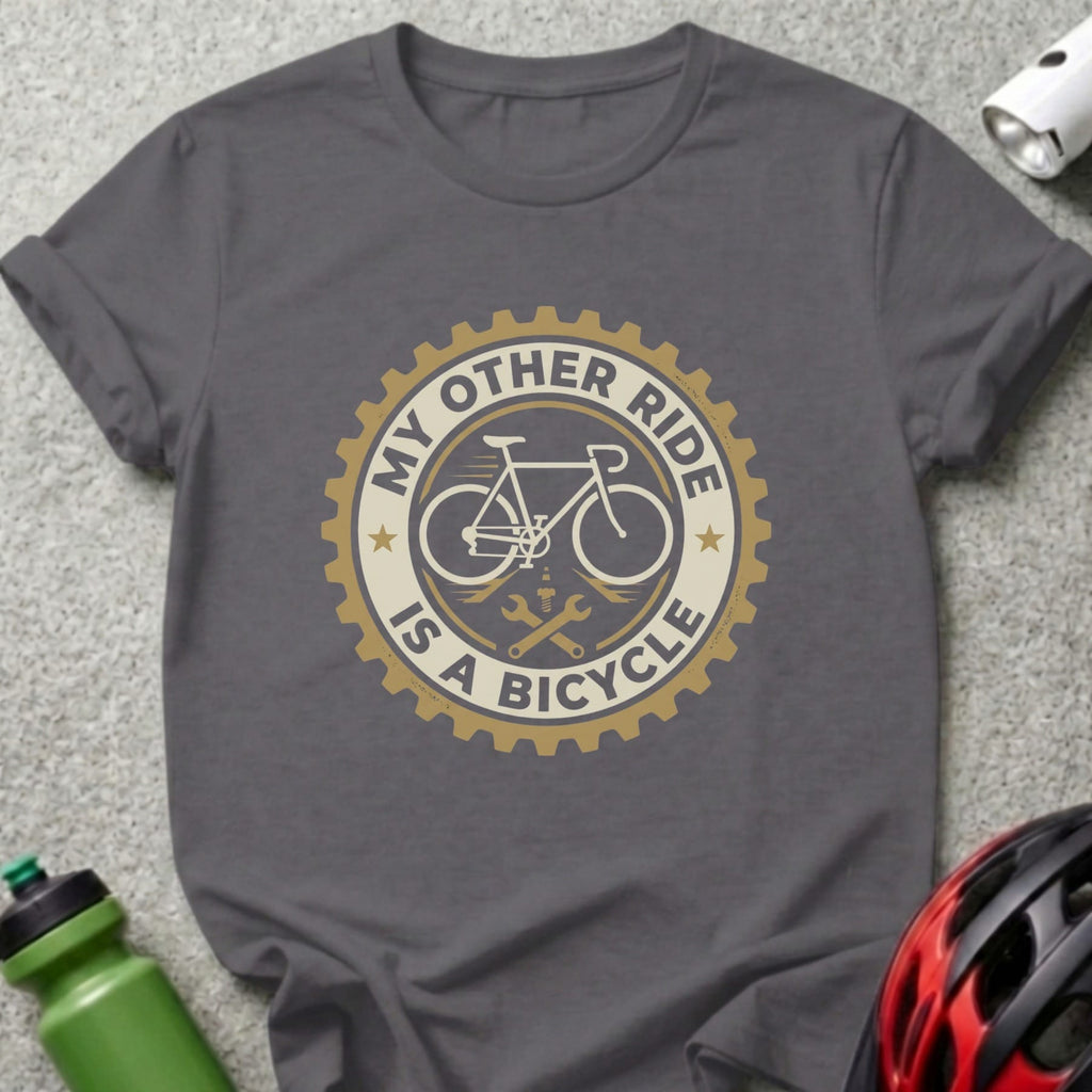 T-shirt with "MY OTHER RIDE IS A BICYCLE" circular graphic.