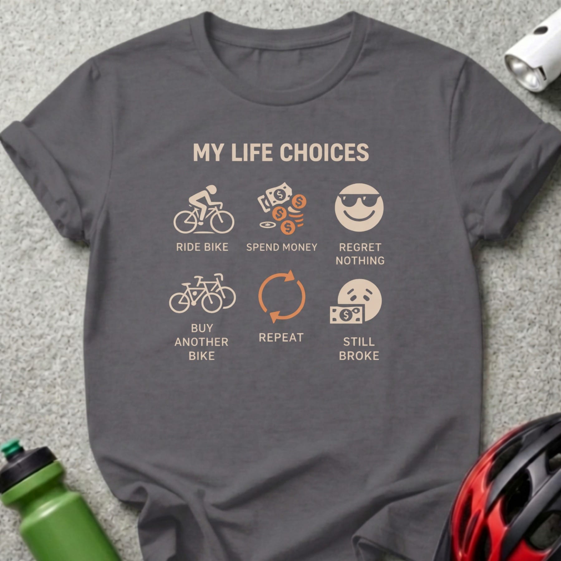 T-shirt with text "My Life Choices" and icons for biking, spending money, and regret.