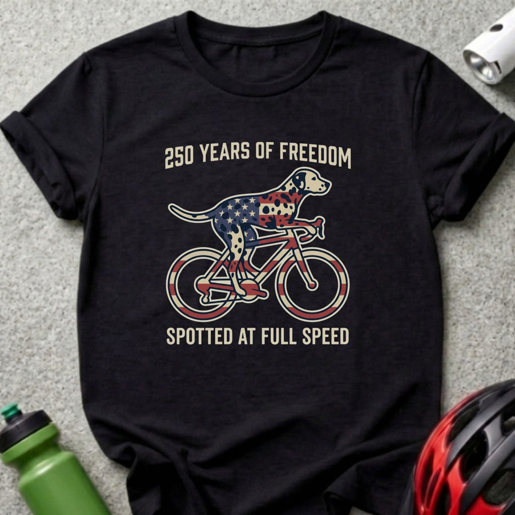 Black t-shirt with a dog in a flag pattern riding a bicycle.