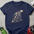 Illustration of a cyclist pedaling hard on a dark blue t-shirt.