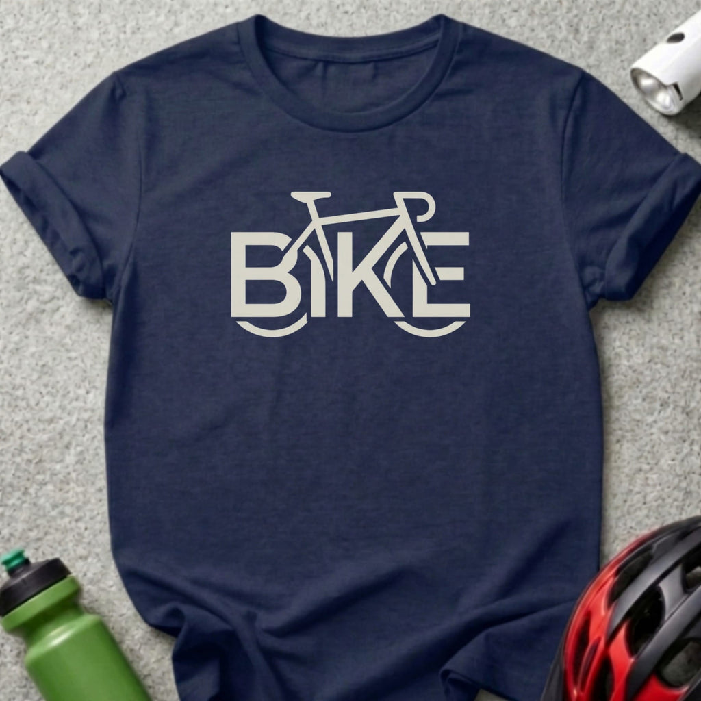 Navy t-shirt with white "BIKE" text and a bicycle illustration.