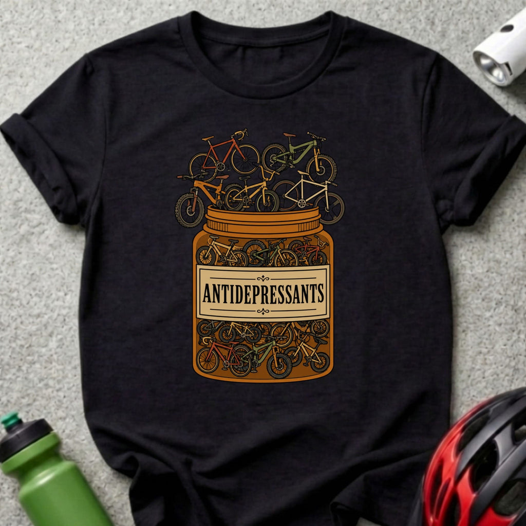 Black t-shirt with a jar of bicycles labeled "ANTIDEPRESSANTS".