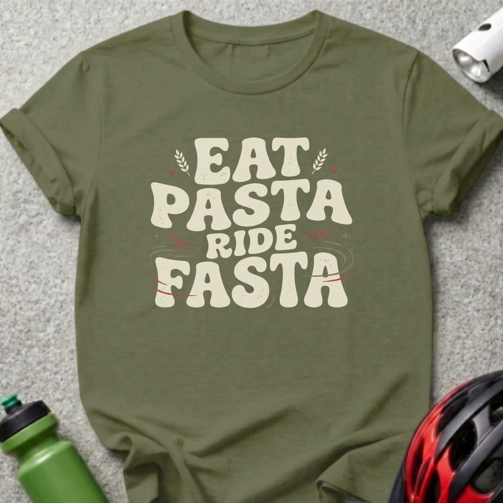 Olive t-shirt with "Eat Pasta Ride Fasta" text in cream and red.