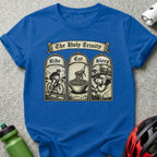 Blue t-shirt with "The Holy Trinity" and three panels: Ride, Eat, Sleep.