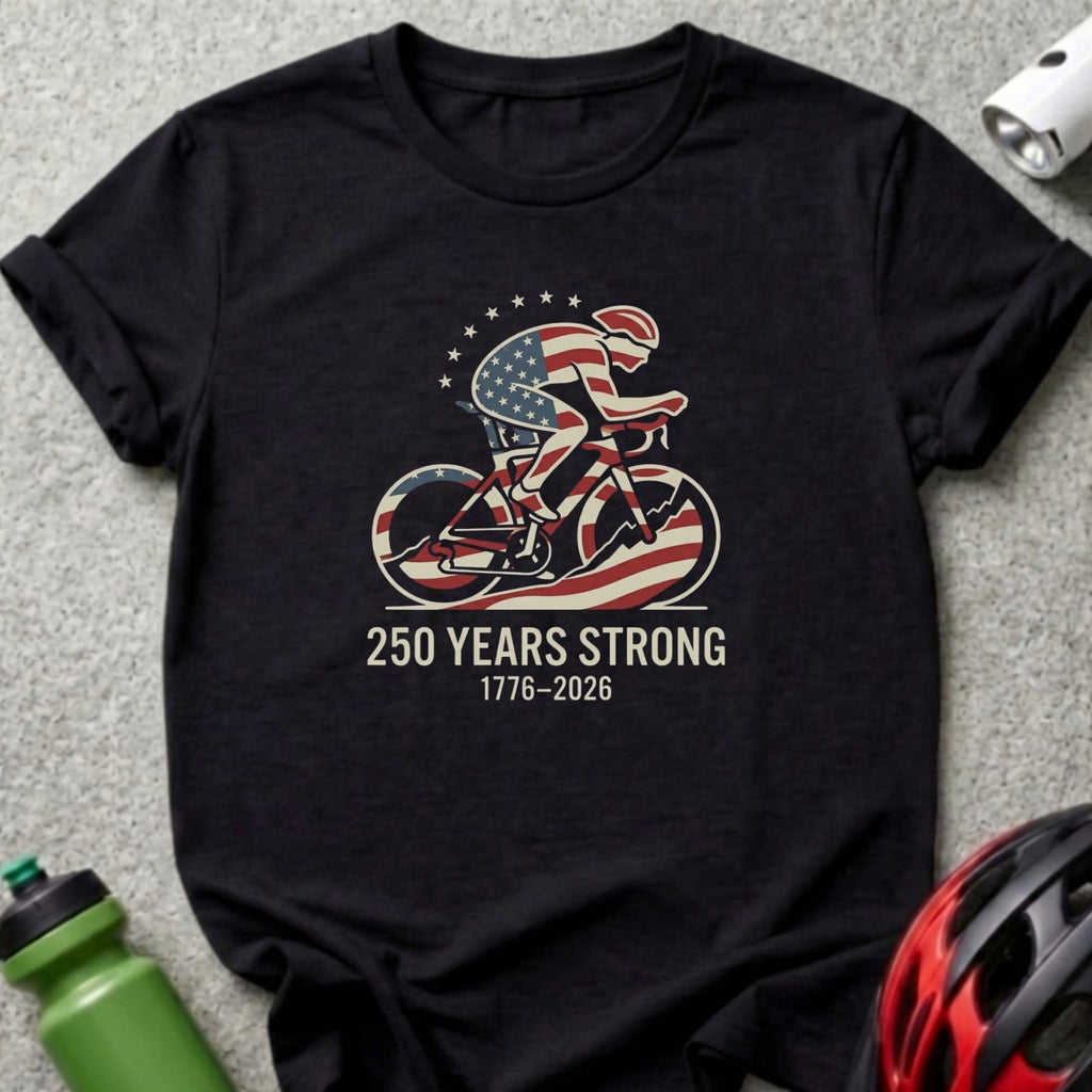 Black t-shirt with cyclist design and "250 Years Strong" text.
