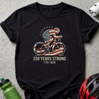 Black t-shirt with cyclist design and "250 Years Strong" text.