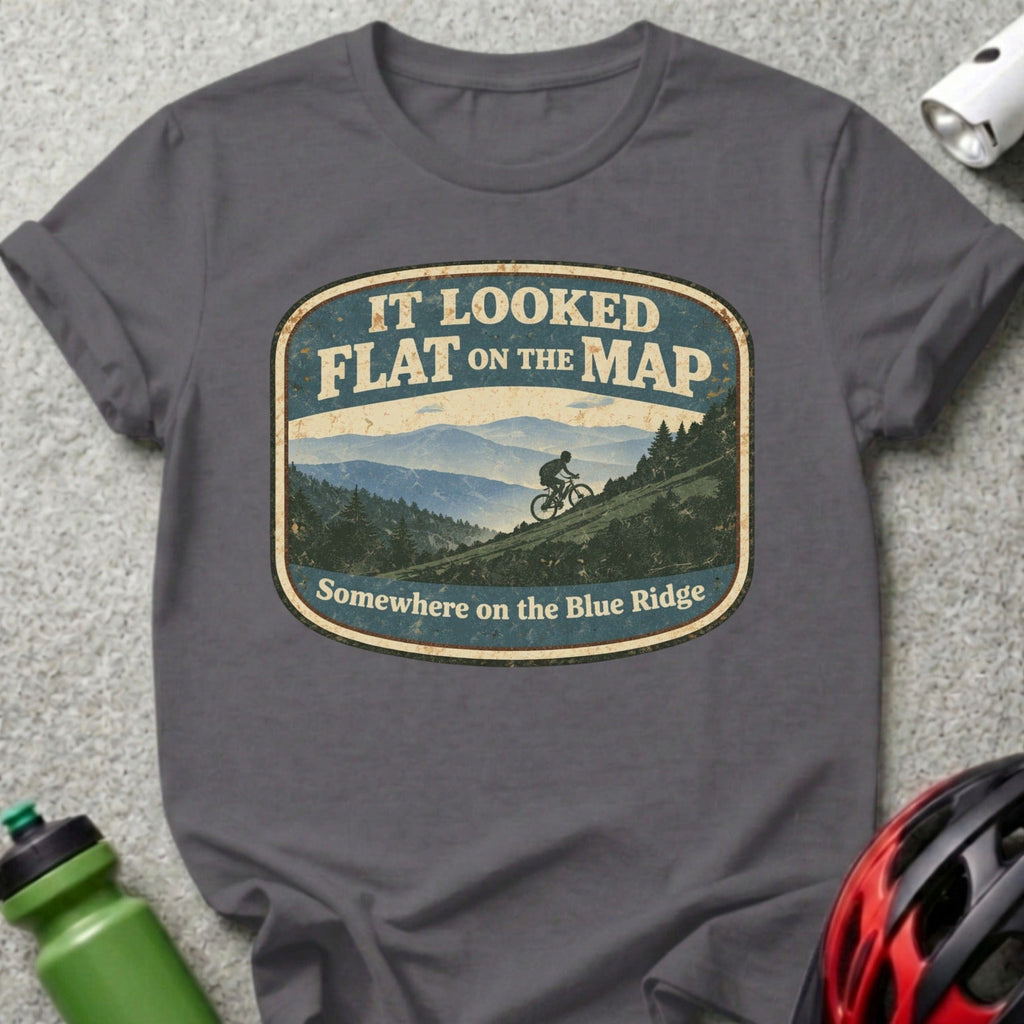 Gray t-shirt with vintage-style "It Looked Flat on the Map" mountain biking graphic.