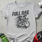 Gray t-shirt with "FULL GAS NO BRAKES" text and cyclist graphic.