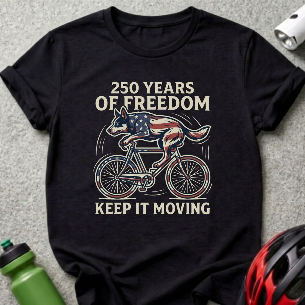 Black t-shirt with "250 Years Of Freedom Keep It Moving" and dog on a bicycle graphic.