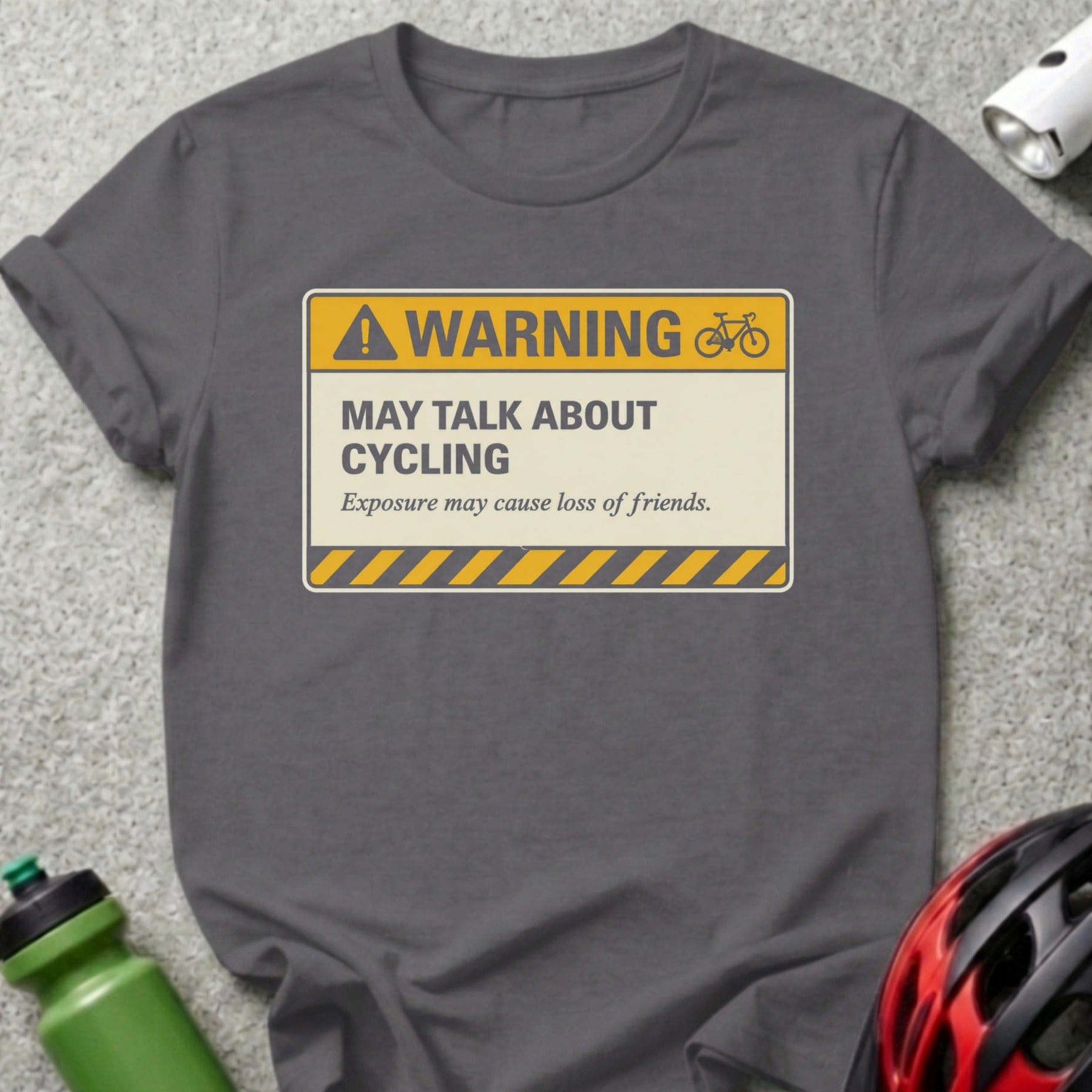 Dark gray t-shirt with yellow and black "WARNING CYCLING" text.