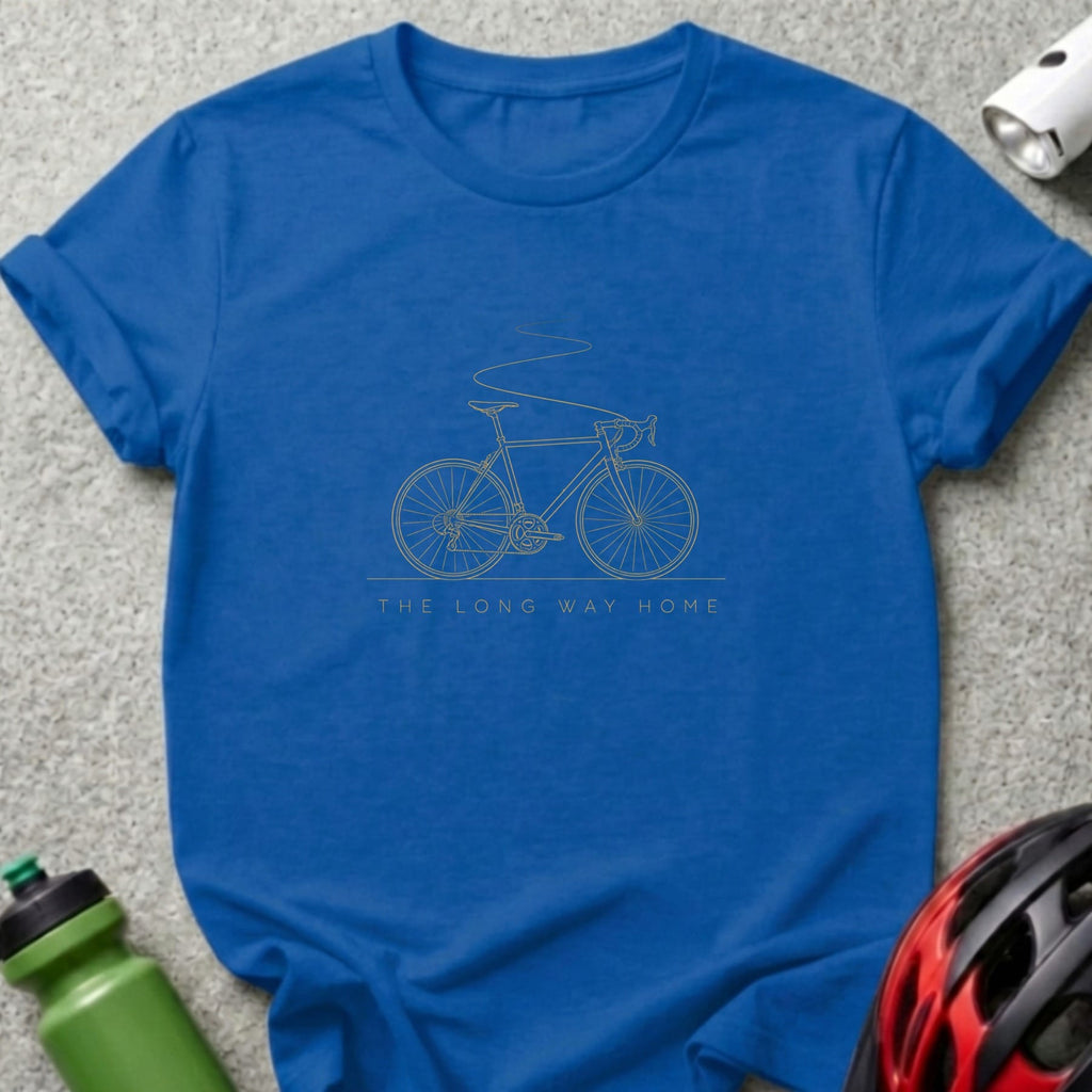 Royal blue t-shirt with gold line drawing of a bicycle and text "THE LONG WAY HOME".