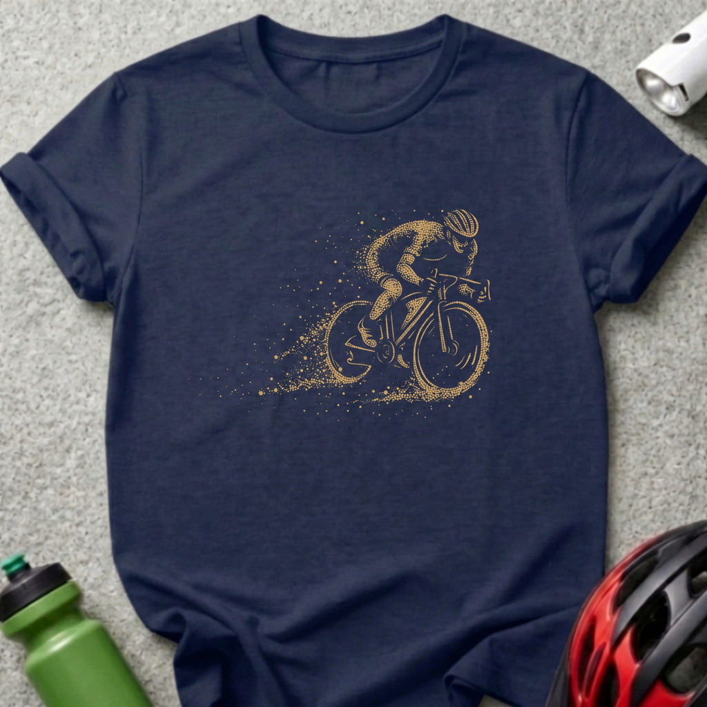Dark navy t-shirt with a golden cyclist graphic and scattered dots.