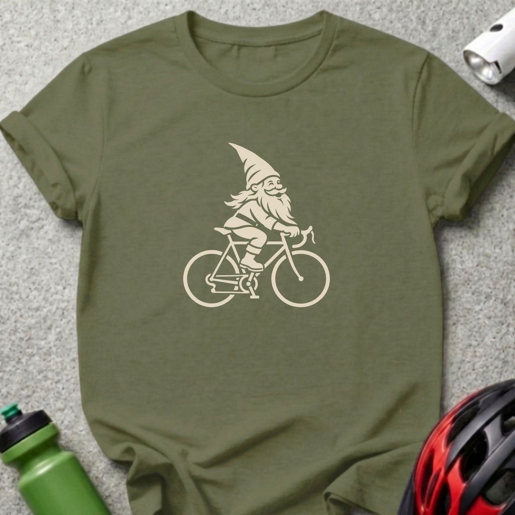 An olive green t-shirt featuring a cream-colored graphic of a bearded gnome riding a bicycle.