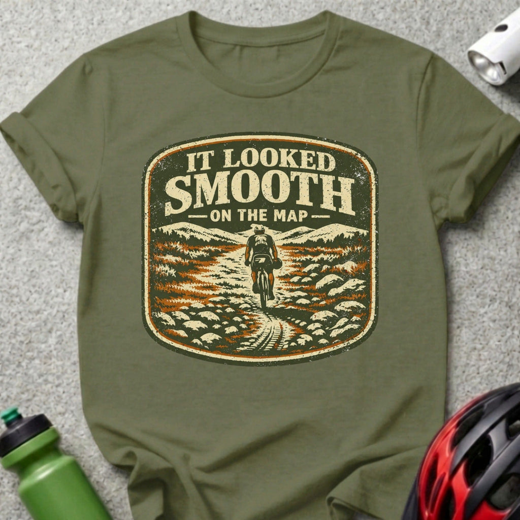 Olive green t-shirt with vintage graphic "It Looked Smooth On The Map".