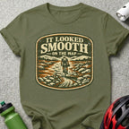 Olive green t-shirt with vintage graphic "It Looked Smooth On The Map".