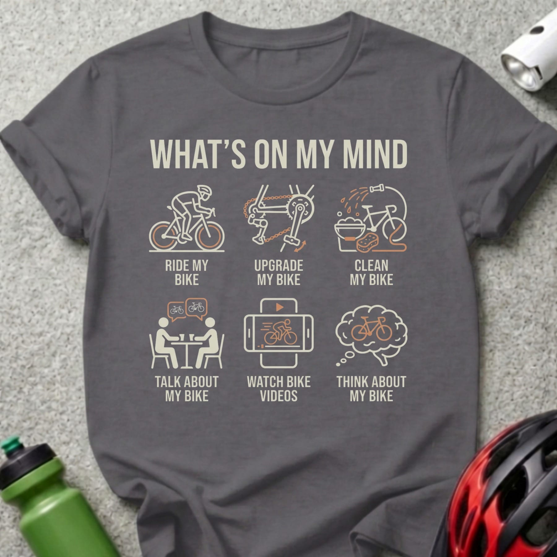 T-shirt with icons and text: Ride, upgrade, clean, talk, watch, think about my bike.