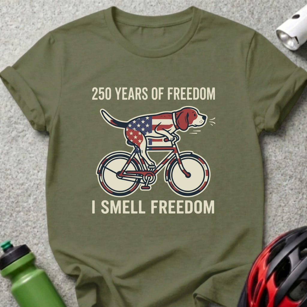 Beagle on a bicycle with US flag elements, reads "I smell freedom".