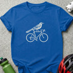 Blue t-shirt featuring a white graphic of a bird perched on a bicycle frame.