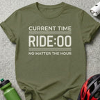 Olive green t-shirt with "CURRENT TIME RIDE:00 NO MATTER THE HOUR" text.