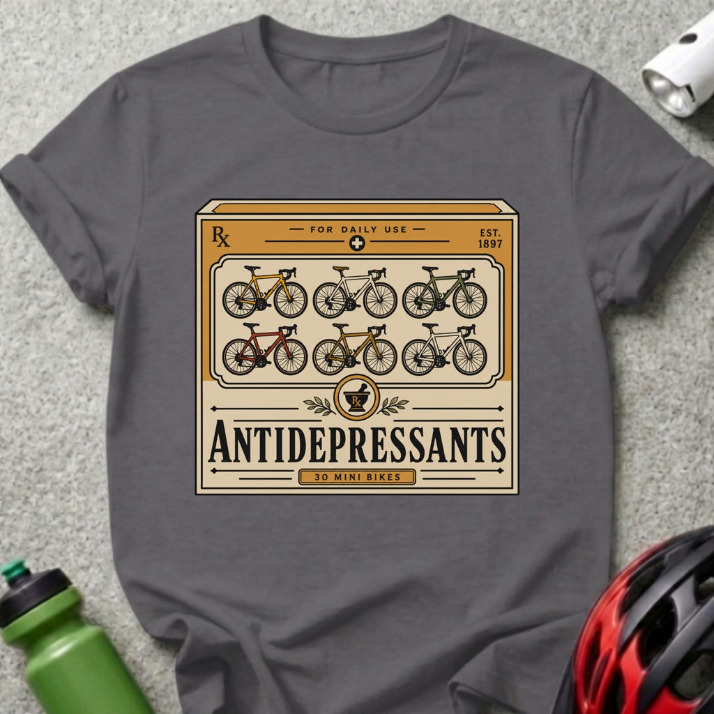 T-shirt with a vintage medicine bottle label design promoting "30 Mini Bikes".
