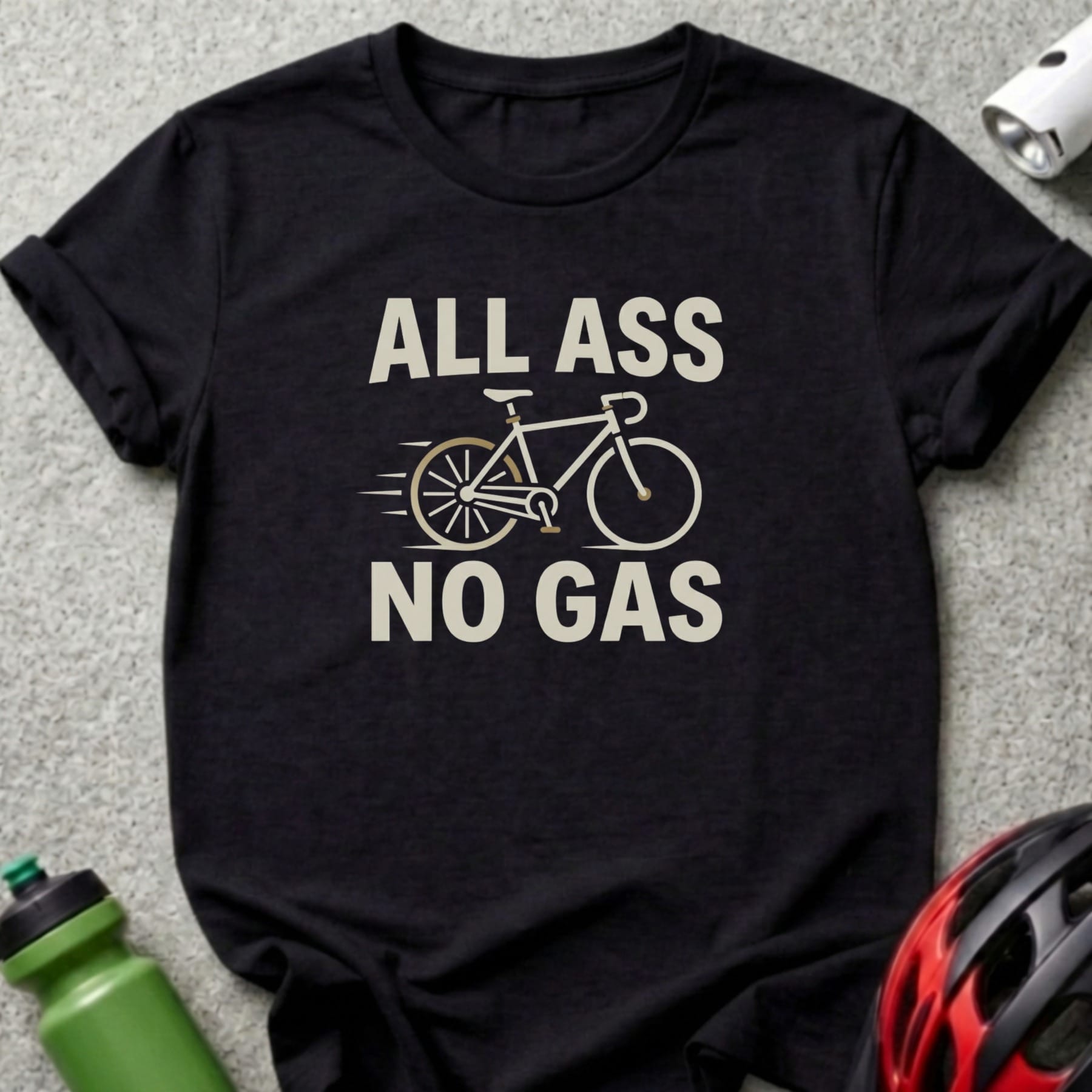 Black t-shirt with "All Ass No Gas" and bicycle graphic.