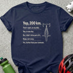 Navy t-shirt with bicycle graphic and text about long bike rides.