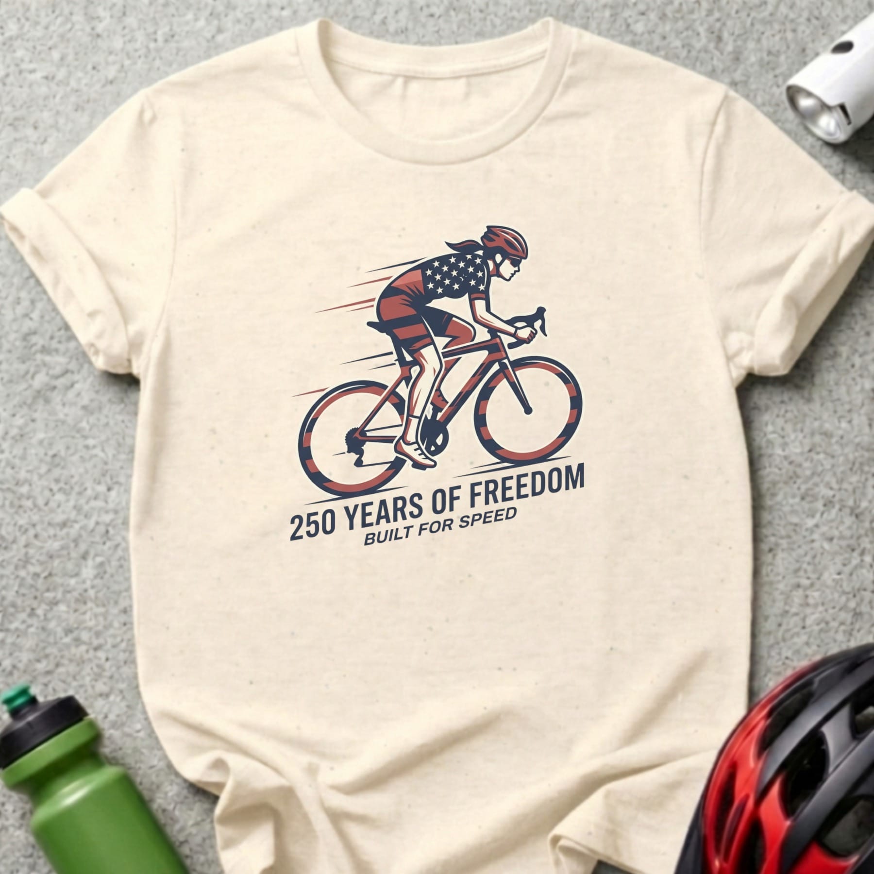 Cream t-shirt with cyclist graphic and "250 YEARS OF FREEDOM BUILT FOR SPEED" text.