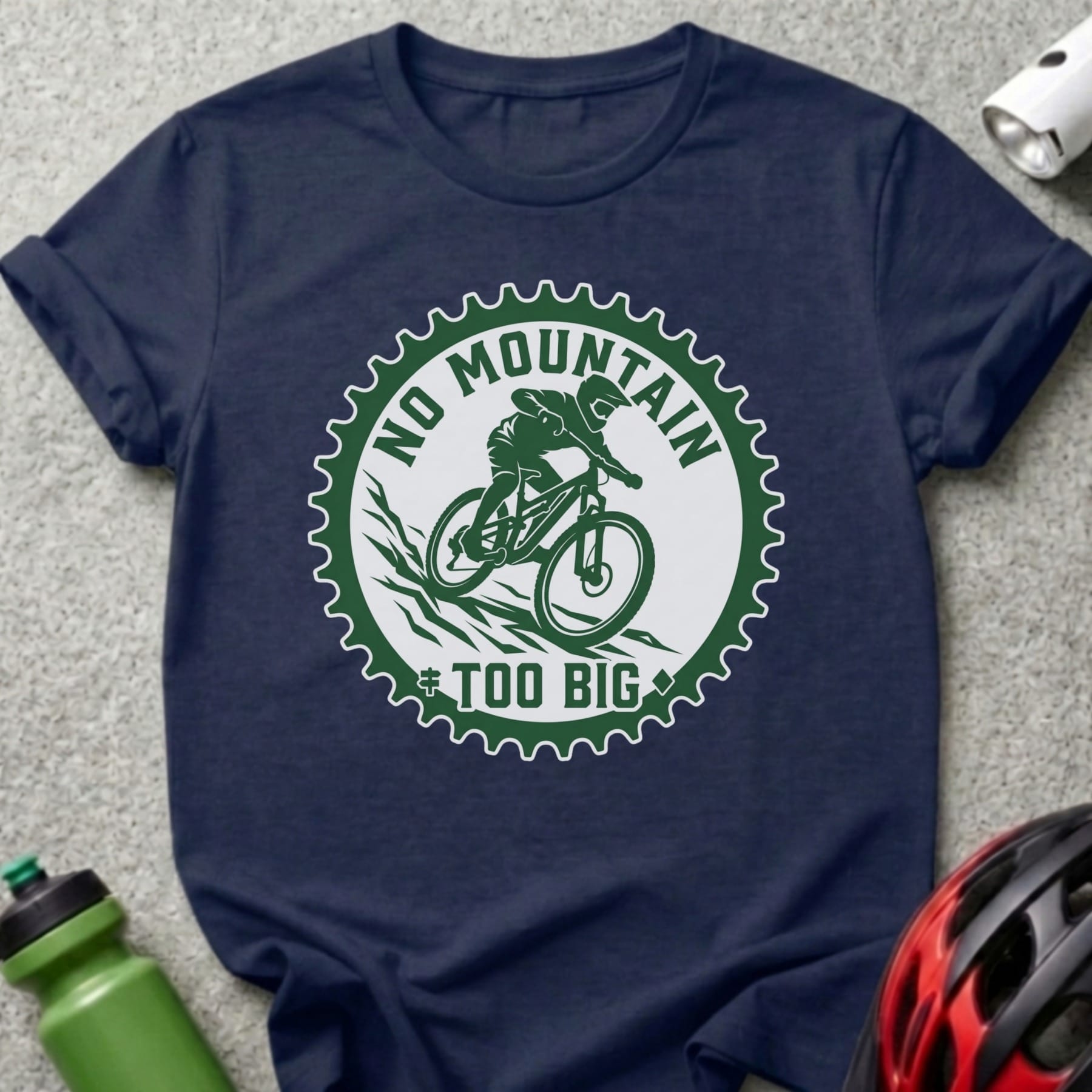 Navy t-shirt with "No Mountain Too Big" and cyclist graphic.