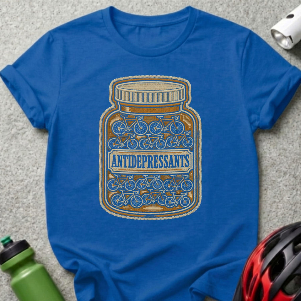 Blue t-shirt with bottle of bicycles labeled "ANTIDEPRESSANTS".
