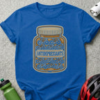 Blue t-shirt with bottle of bicycles labeled "ANTIDEPRESSANTS".