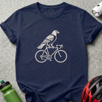 Dark blue crewneck t-shirt featuring a white graphic of an eagle perched on a bicycle.