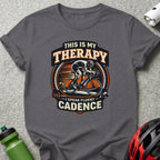T-shirt graphic with cyclist and text "This is my therapy I speak fluent cadence."