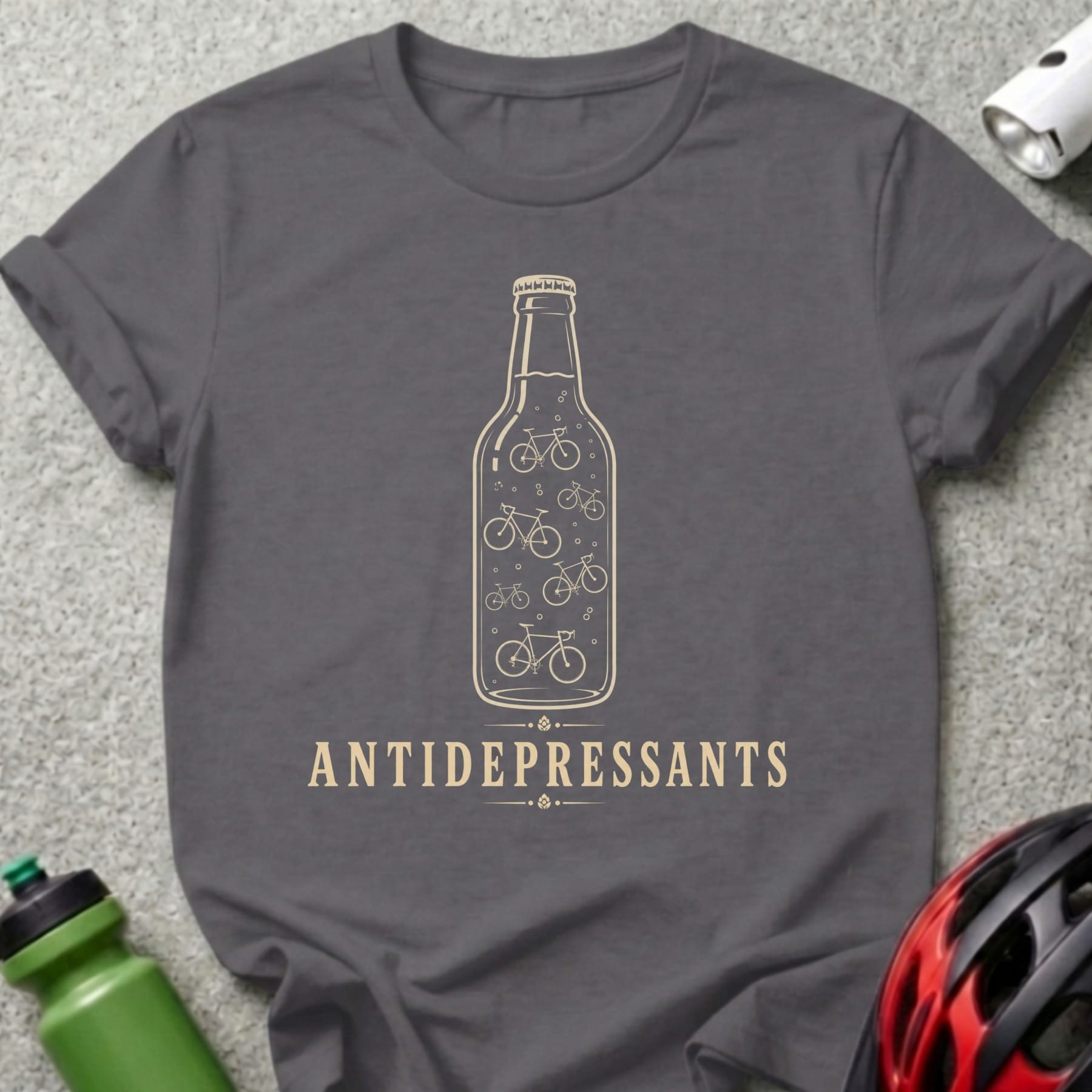 T-shirt with bottle graphic containing bicycles, text ANTIDEPRESSANTS.
