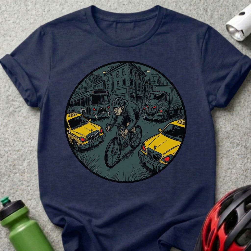 Cyclist Navigating Urban Traffic Scene Graphic Shirt